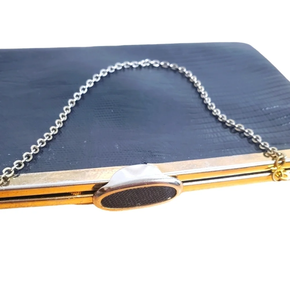Vntg Etra Purse / Clutch. Genuine leather, croc embossed. Black with gold hardwa